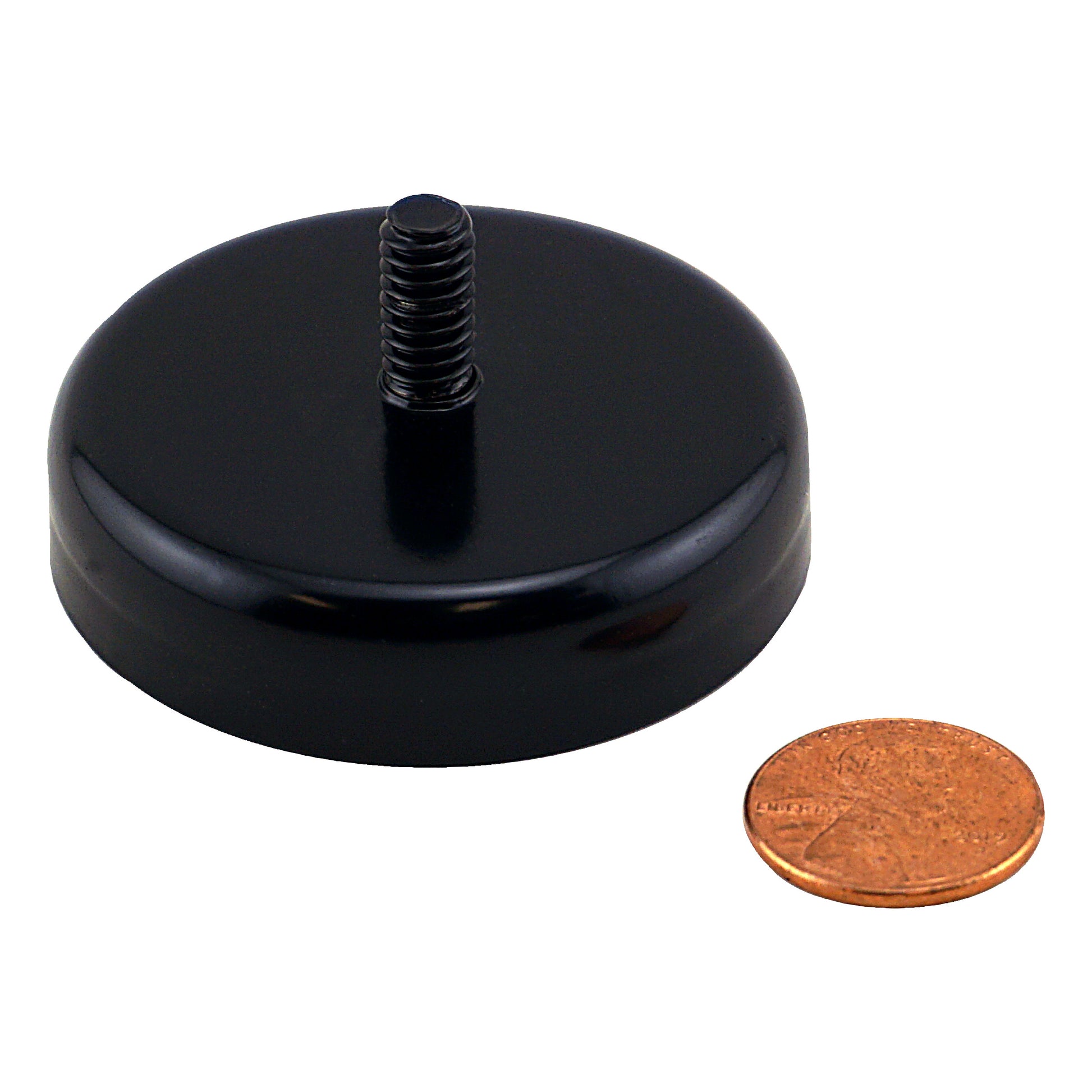 Load image into Gallery viewer, CACM200BPC Ceramic Round Base Magnet with Male Thread - Compared to Penny for Size Reference