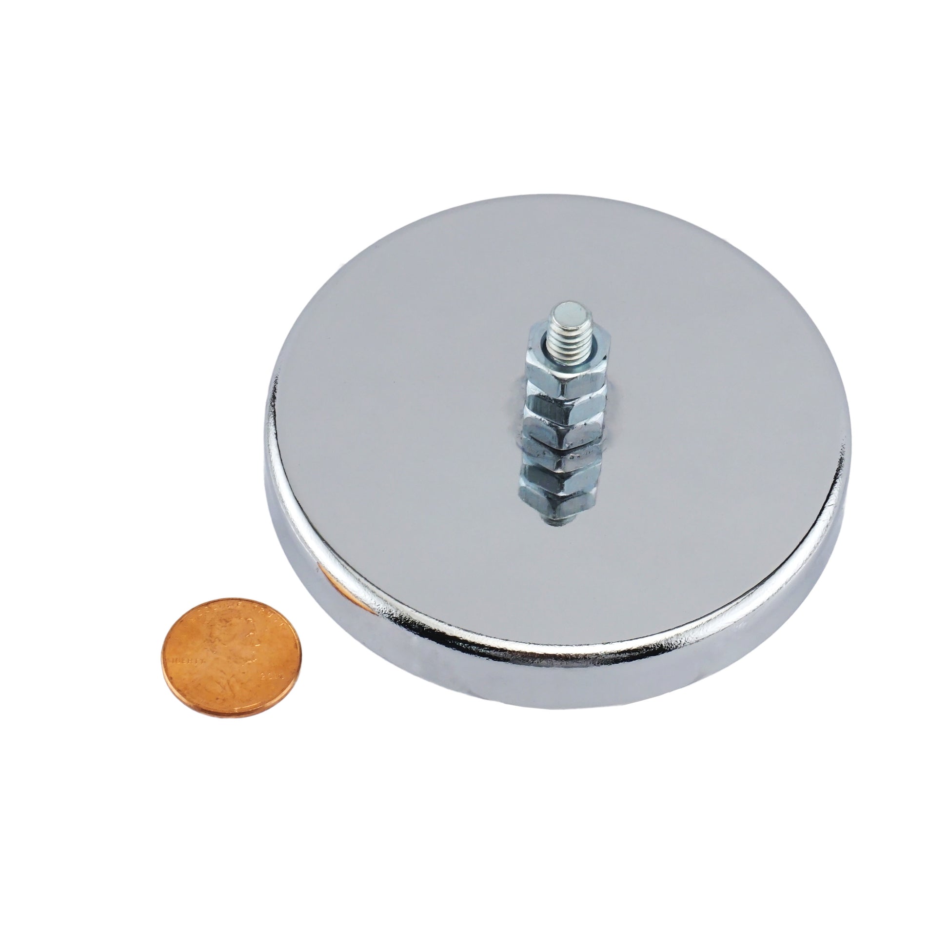 Load image into Gallery viewer, RB80B3N Heavy-Duty Ceramic Round Base Magnet with Bolt and Nuts - Compared to Penny for Size Reference