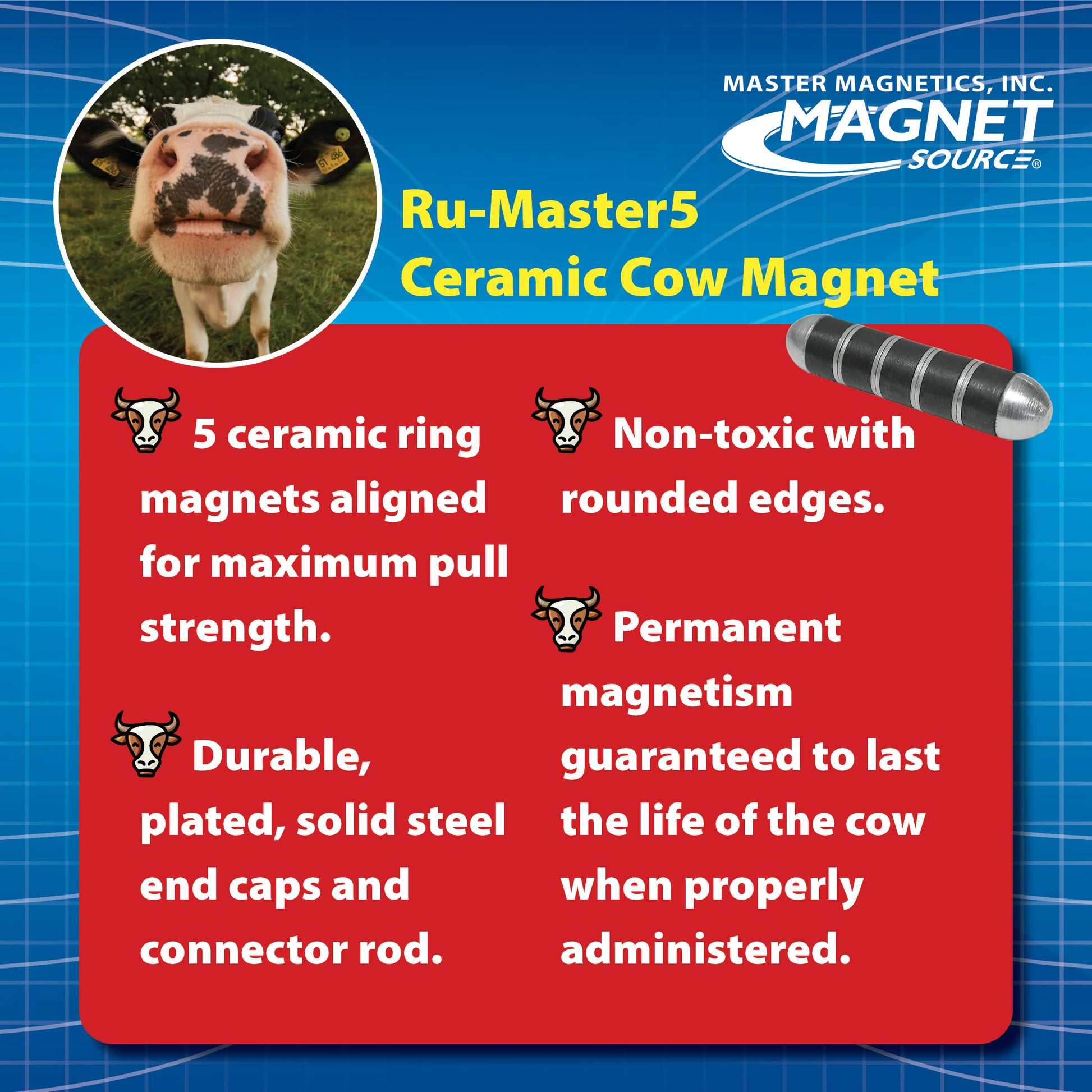Load image into Gallery viewer, COW-RUM5CX50BX Heavy-Duty Ru-Master 5™ Cow Magnets (50pk) - Front View