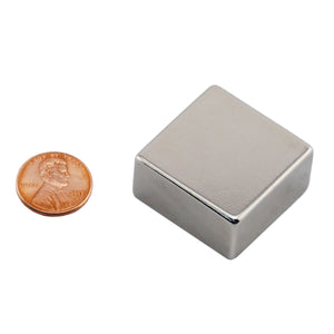 NB005029N Neodymium Block Magnet - Compared to Penny for Size Reference