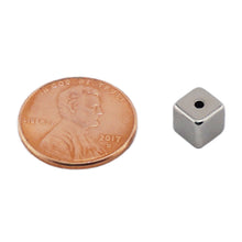 Load image into Gallery viewer, NB002557NS02 Neodymium Block Magnet with hole - Compared to Penny for Size Reference
