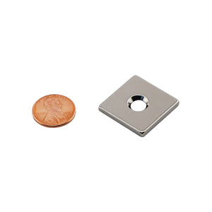 NB001220NCTS Neodymium Countersunk Block Magnet - Compared to Penny for Size Reference