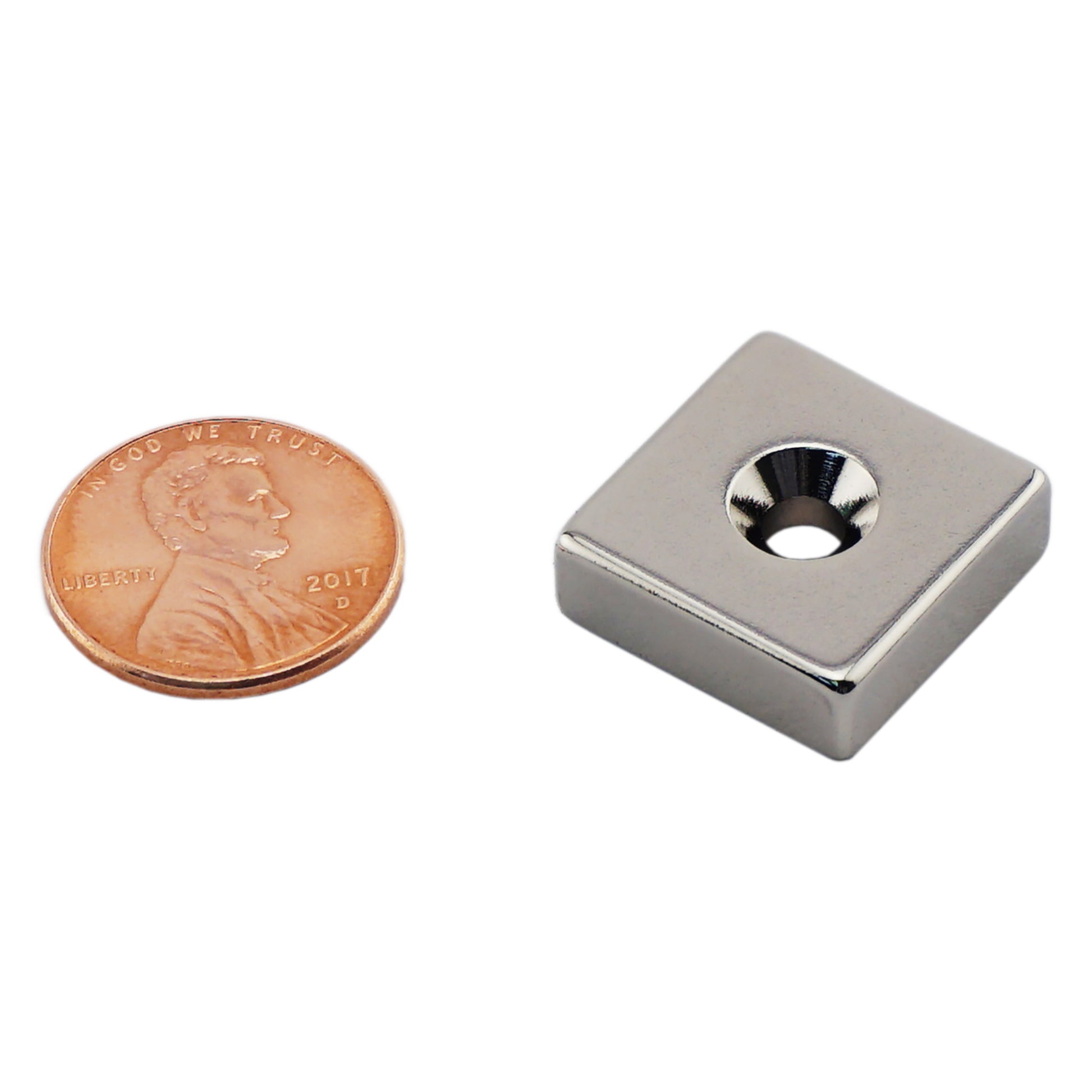Load image into Gallery viewer, NB002553NCTS Neodymium Countersunk Block Magnet - Compared to Penny for Size Reference
