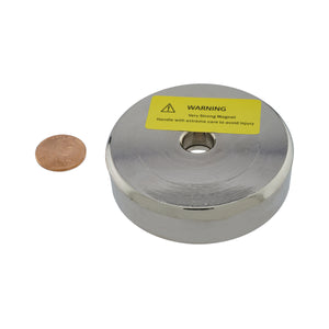 NAC025000NBX Neodymium Countersunk Round Base Assembly - Compared to Penny for Size Reference