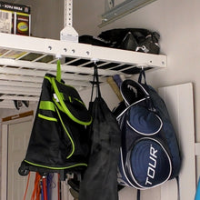 Load image into Gallery viewer, MHHH61 Neodymium White Magnetic Hook - Various Gym / Sports Bags Hanging from Magnetic Hooks in Garage