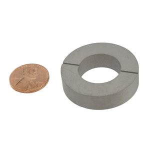SCR013001 Samarium Cobalt Ring Magnet with Notch - Compared to Penny for Size Reference