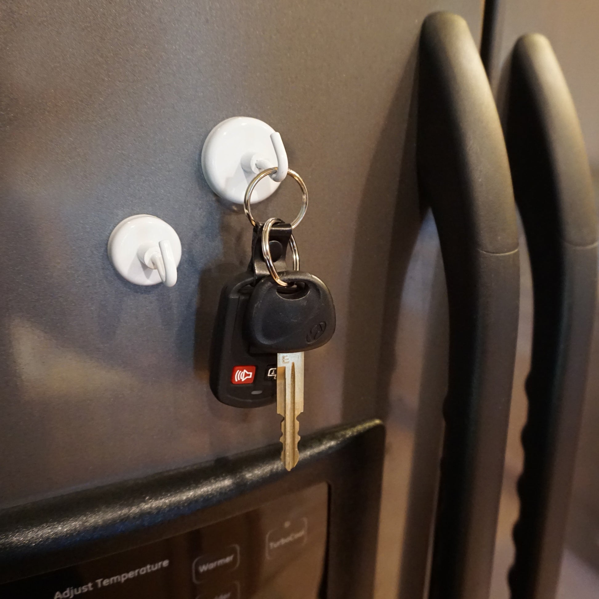 Load image into Gallery viewer, MHHH9 White Magnetic Hook - In Use on Refrigerator Holding a Set of Keys