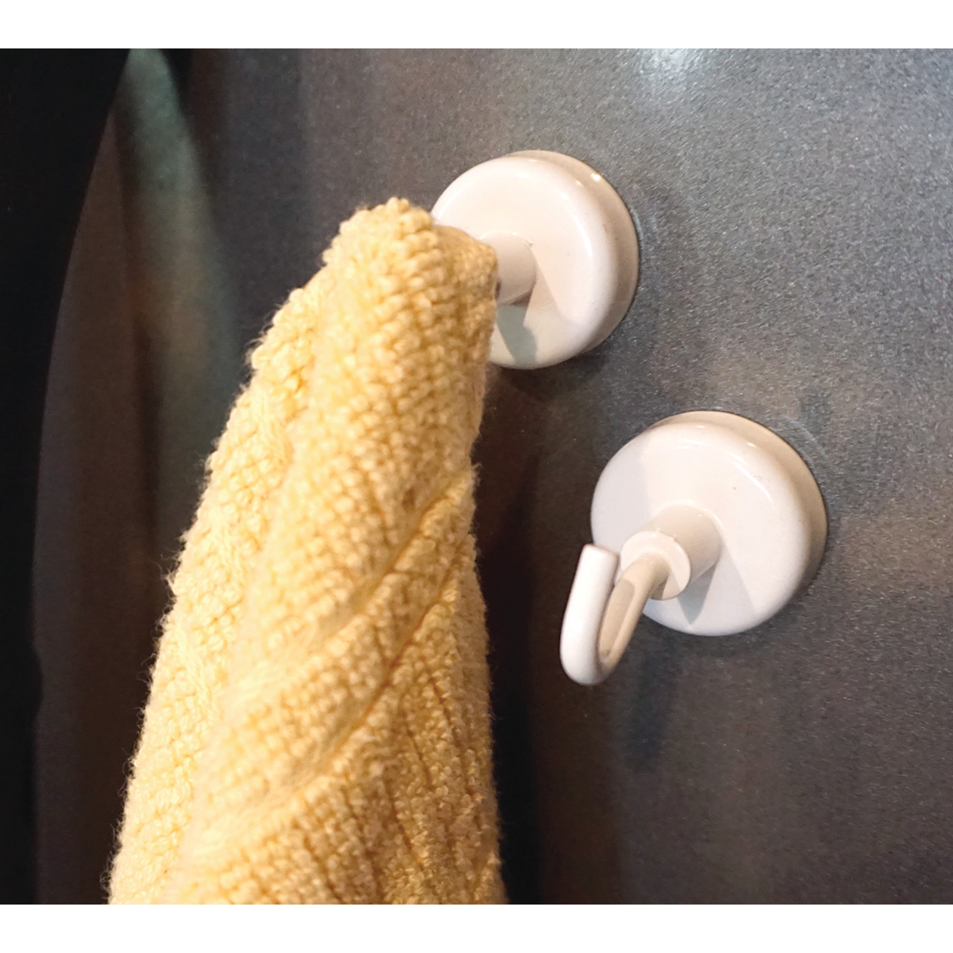 Load image into Gallery viewer, MHHH9 White Magnetic Hook - In Use Holding a Towel