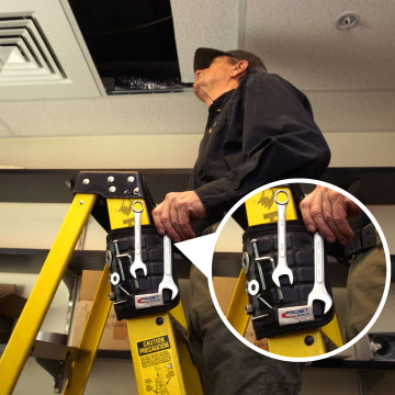 Tired of climbing up & down the ladder as you work? The Magnetic ToolMat™ is your go-to solution.⁣ ⁣Magnetic on both sides with a flexible design, the ToolMat wraps around the ladder to attract to itself, all while securely holding your tools & parts.