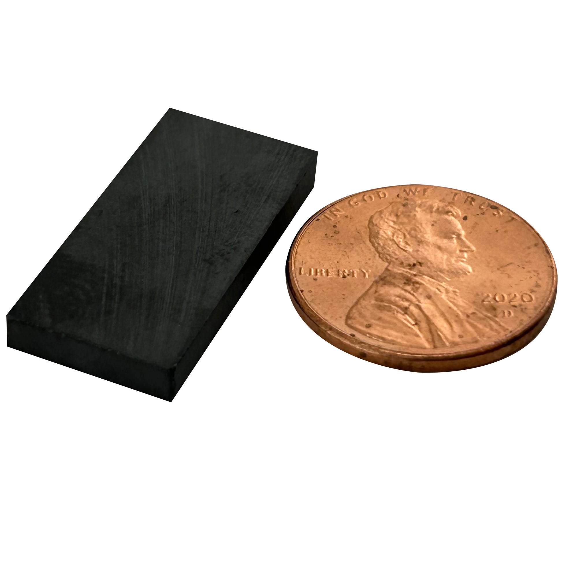 Load image into Gallery viewer, CB005036-S Ceramic Block Magnet - 45 Degree Angle View Compared to Penny