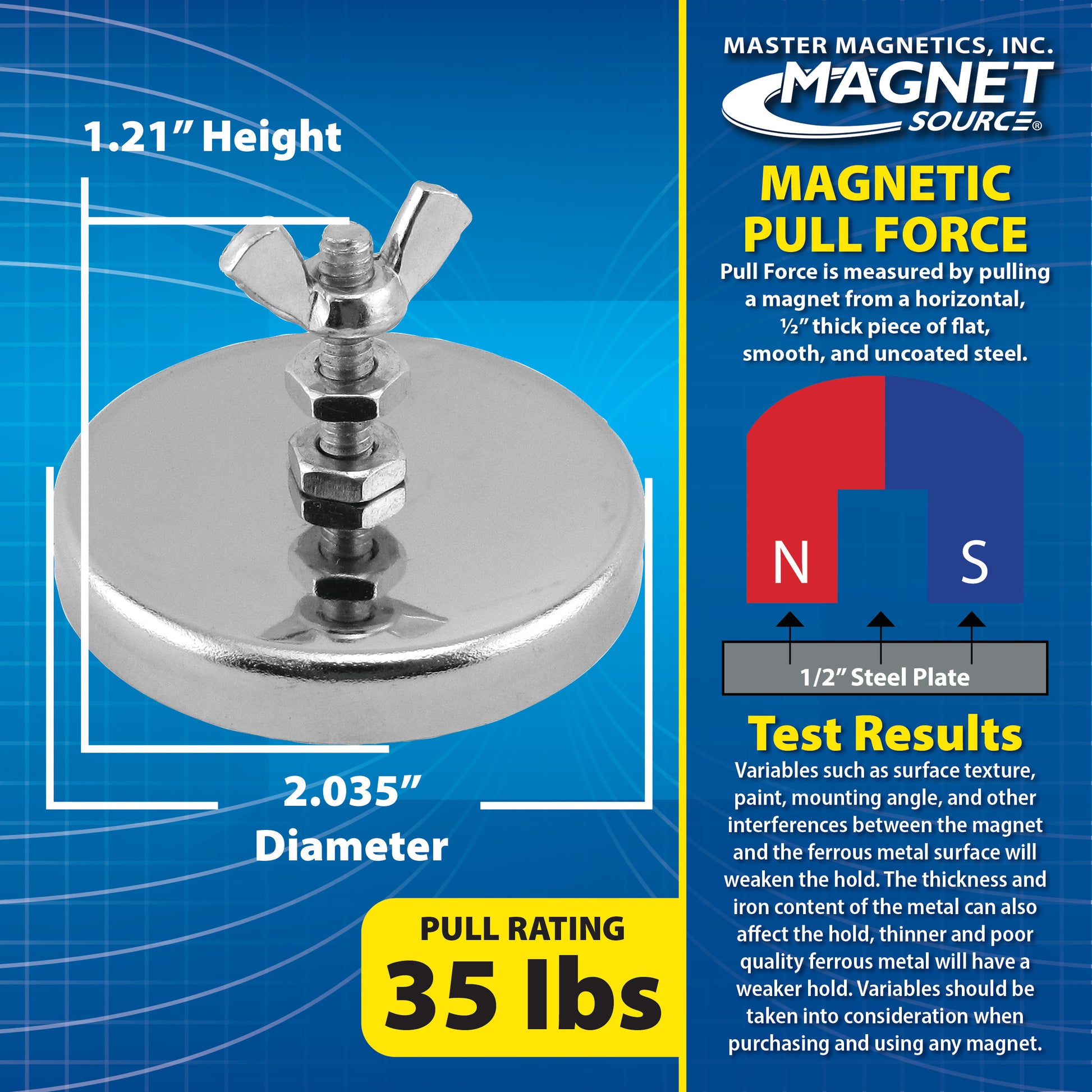 Load image into Gallery viewer, RB50B2NW Ceramic Round Base Magnet with Bolt, Nuts, and Wingnut - Side View
