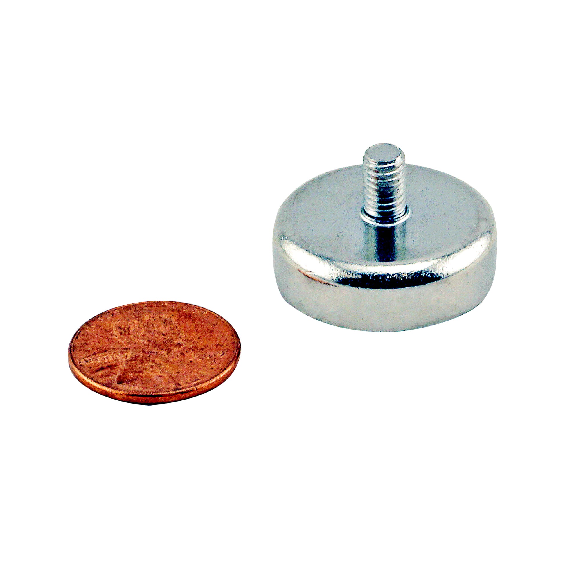 Load image into Gallery viewer, CACM098S01 Ceramic Round Base Magnet with Male Thread - Compared to Penny for Size Reference