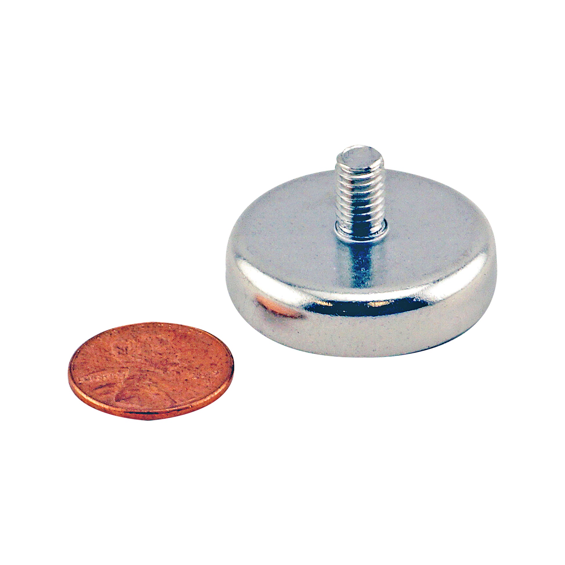 Load image into Gallery viewer, CACM126S01 Ceramic Round Base Magnet with Male Thread - Compared to Penny for Size Reference