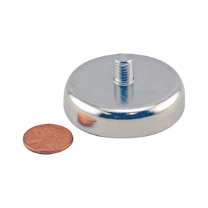 CACM189S01 Ceramic Round Base Magnet with Male Thread - Compared to Penny for Size Reference