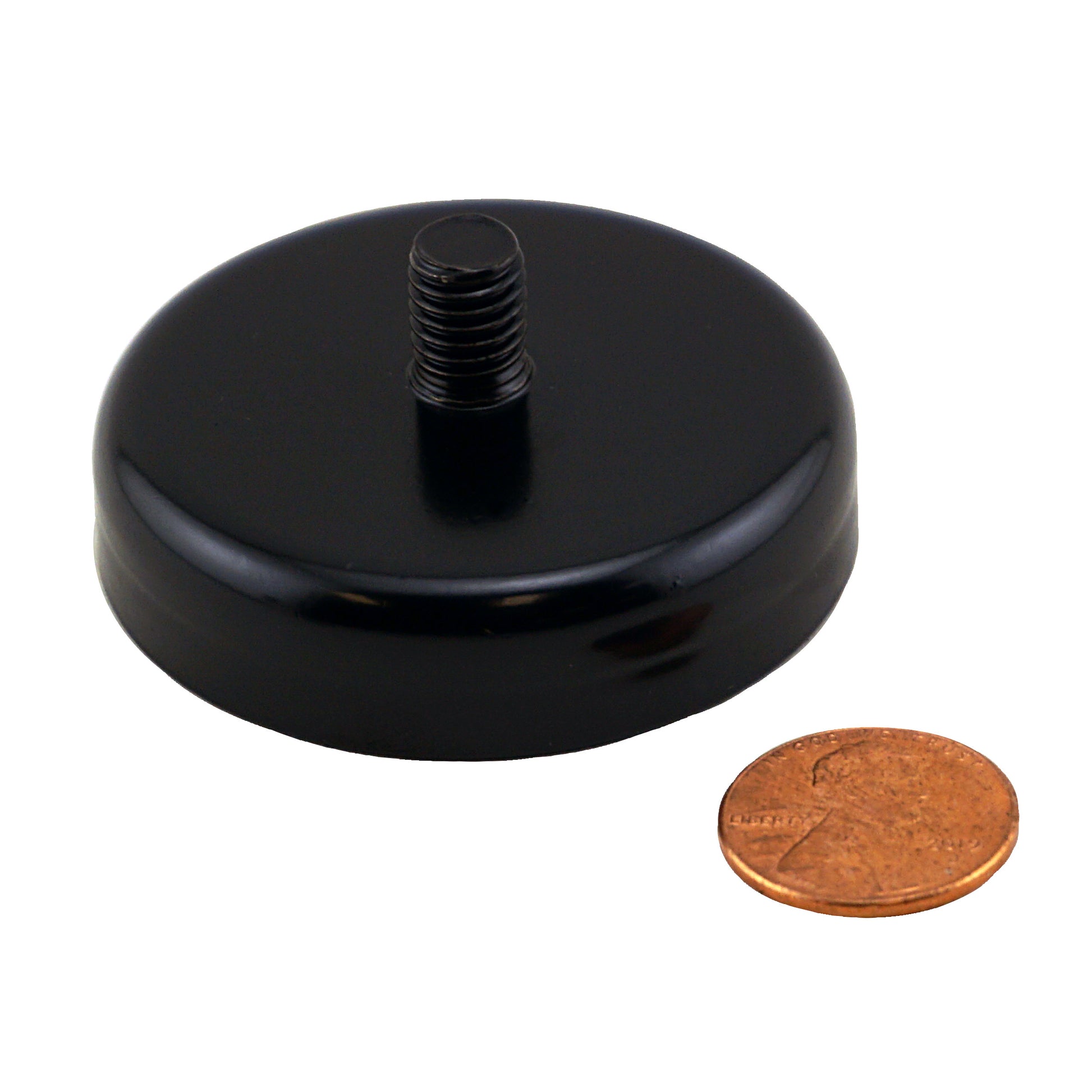 Load image into Gallery viewer, CACM200S01BPC Ceramic Round Base Magnet with Male Thread - Compared to Penny for Size Reference
