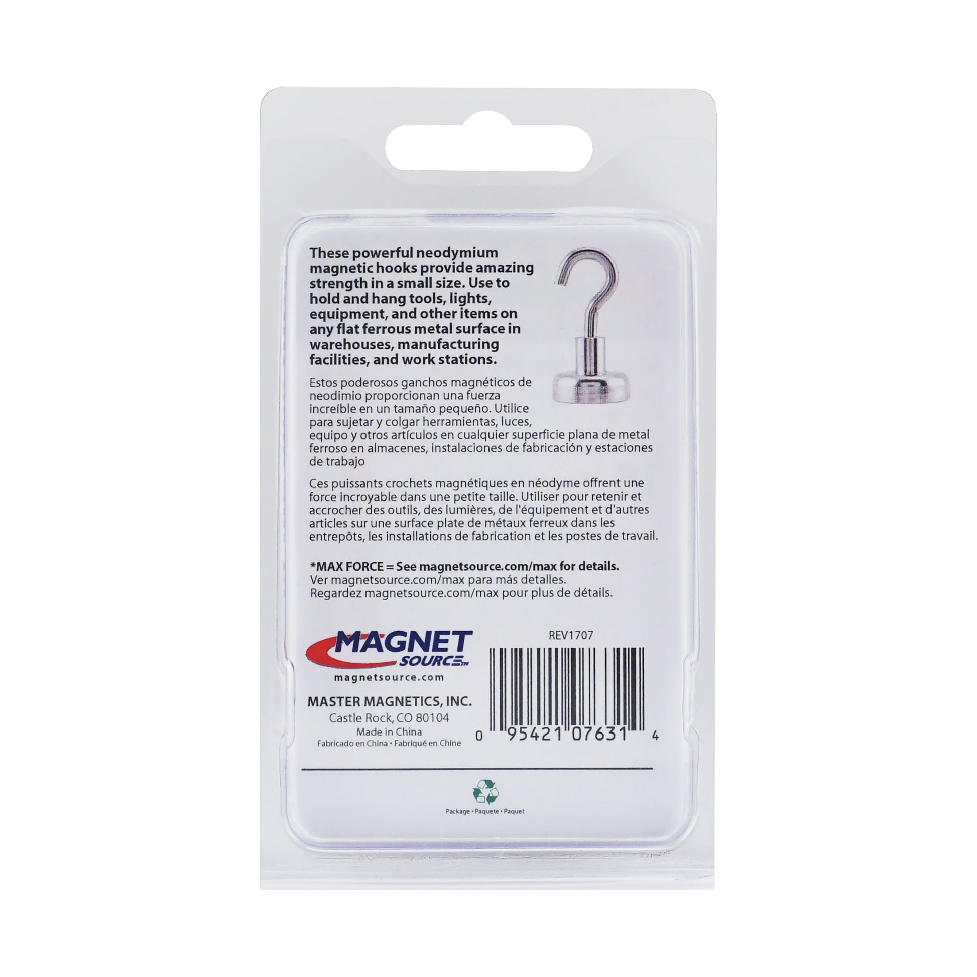 Load image into Gallery viewer, 07631 Grade 42 Neodymium Magnetic Hooks (2pk) - Back of Packaging