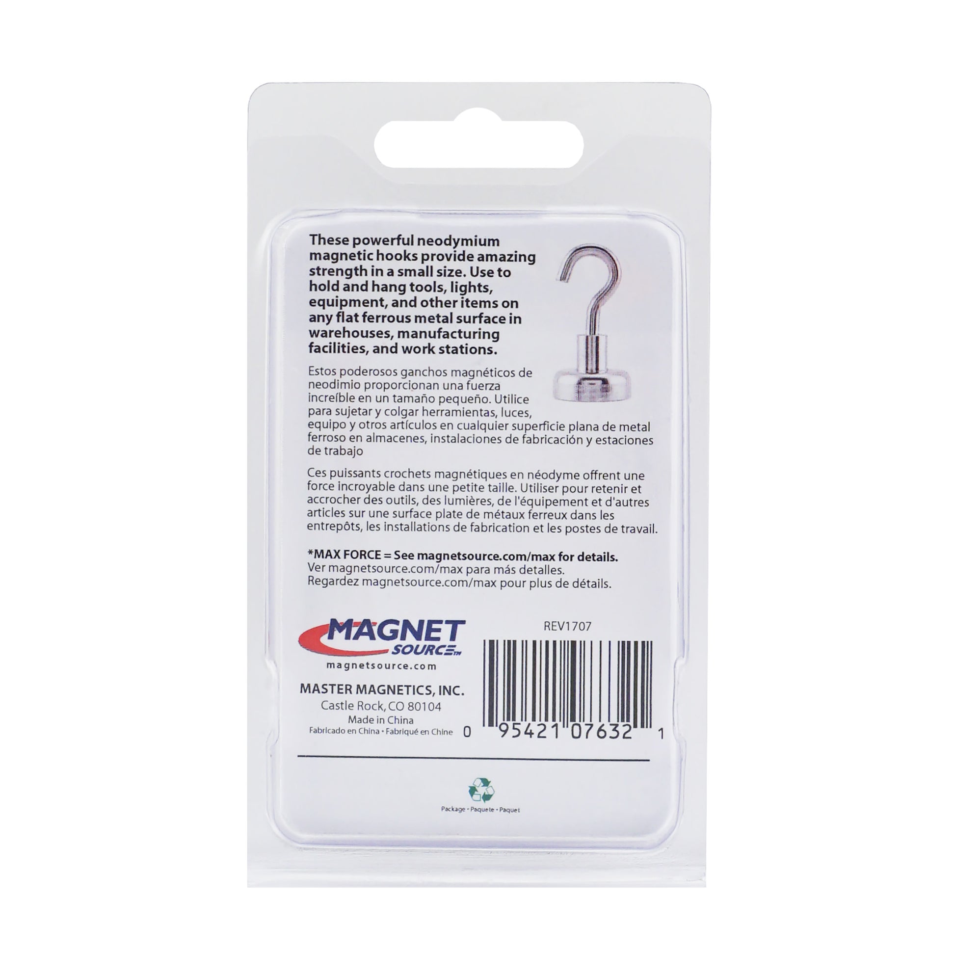 Load image into Gallery viewer, 07632 Grade 42 Neodymium Magnetic Hooks (2pk) - Back of Packaging
