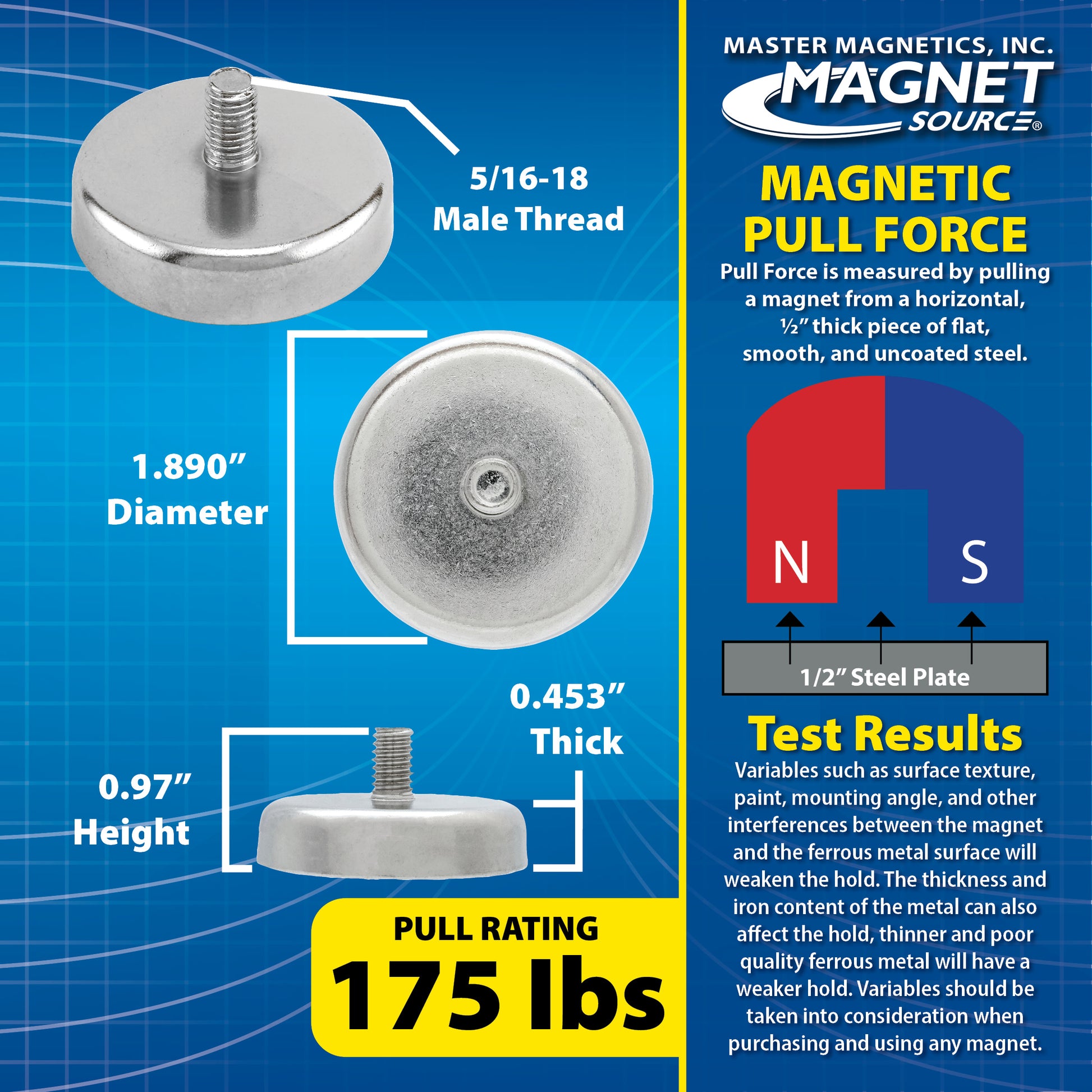 Load image into Gallery viewer, NACM189 Grade 42 Neodymium Round Base Magnet with Male Thread - Specifications