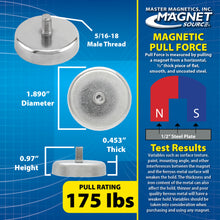 Load image into Gallery viewer, NACM189 Grade 42 Neodymium Round Base Magnet with Male Thread - Specifications