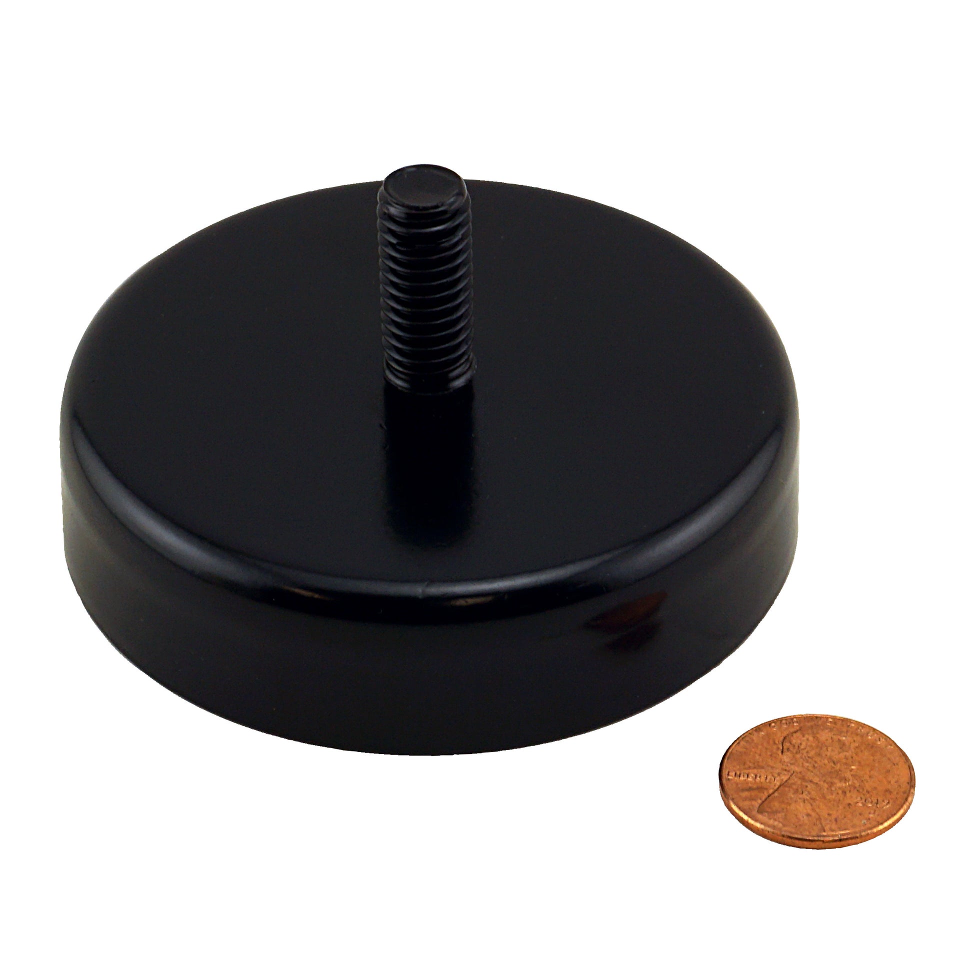 Load image into Gallery viewer, CACM300BPC Heavy-Duty Ceramic Round Base Magnet with Male Stud - Compared to Penny for Size Reference