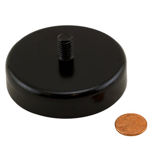 CACM300S01BPC Heavy-Duty Ceramic Round Base Magnet with Male Stud - Compared to Penny for Size Reference