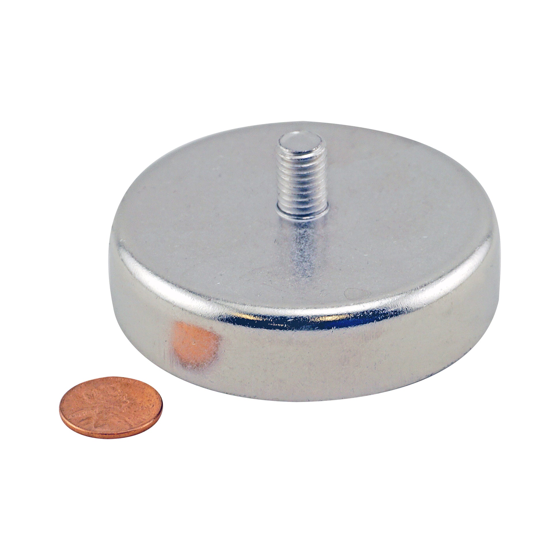 Load image into Gallery viewer, CACM300S01 Heavy-Duty Ceramic Round Base Magnet with Male Stud - Compared to Penny for Size Reference