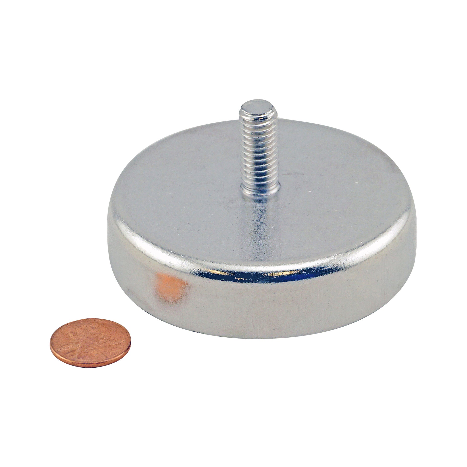 Load image into Gallery viewer, CACM300 Heavy-Duty Ceramic Round Base Magnet with Male Thread - Compared to Penny for Size Reference