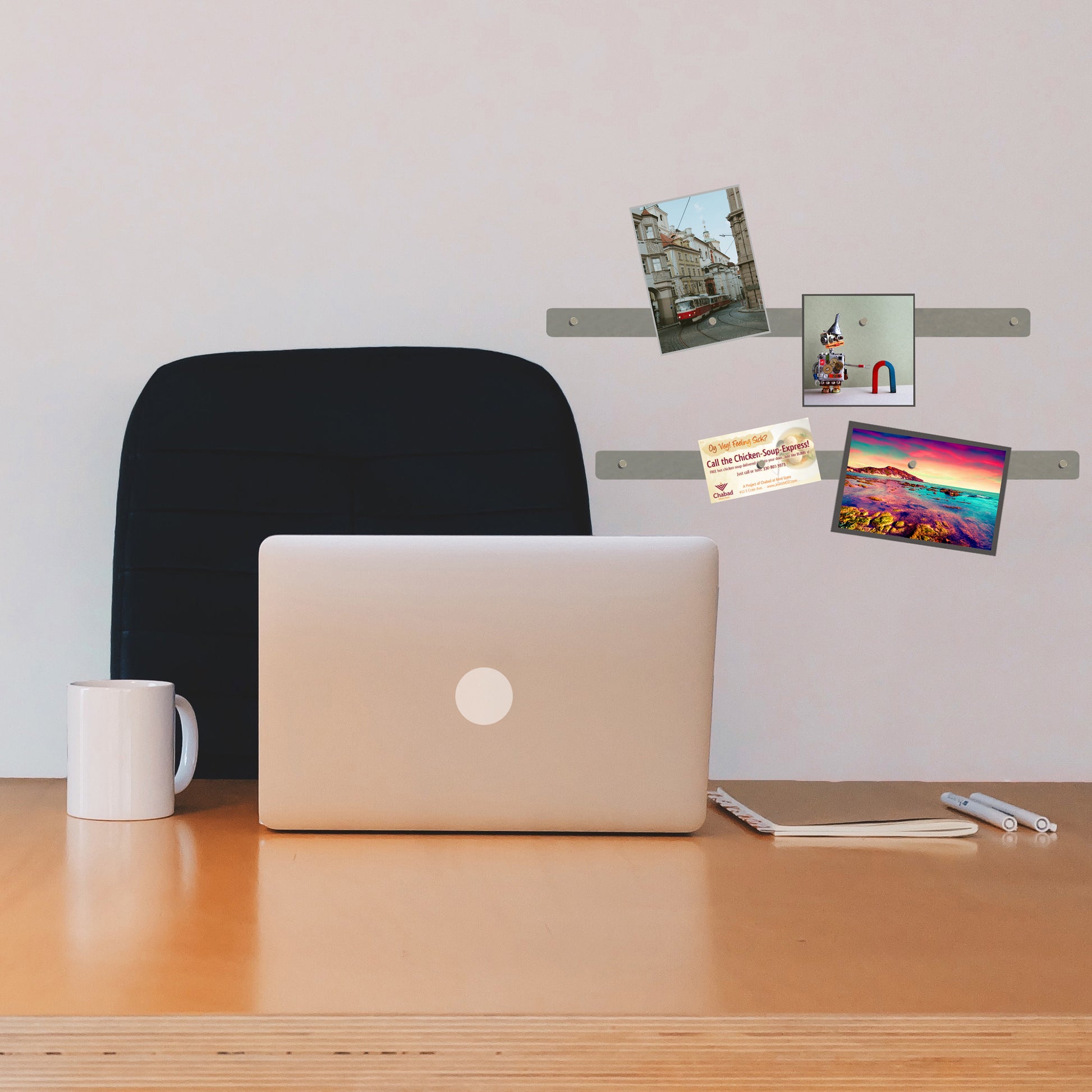 Load image into Gallery viewer, 08047 Magnetic Bulletin Bar - Brushed Steel - In Use