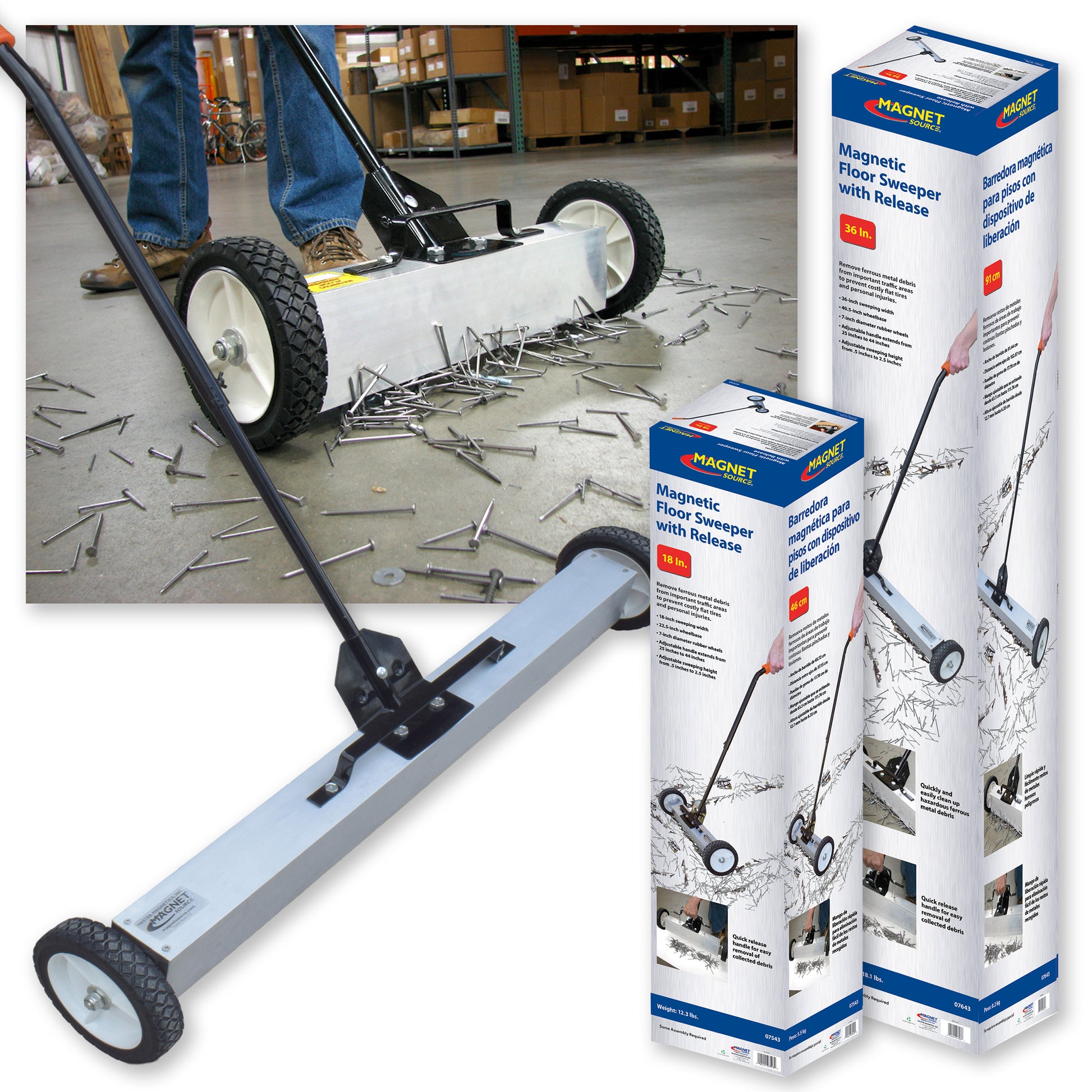 Load image into Gallery viewer, 07543 Magnetic Floor Sweeper with Quick Release - Sweeper on warehouse floor and packaging