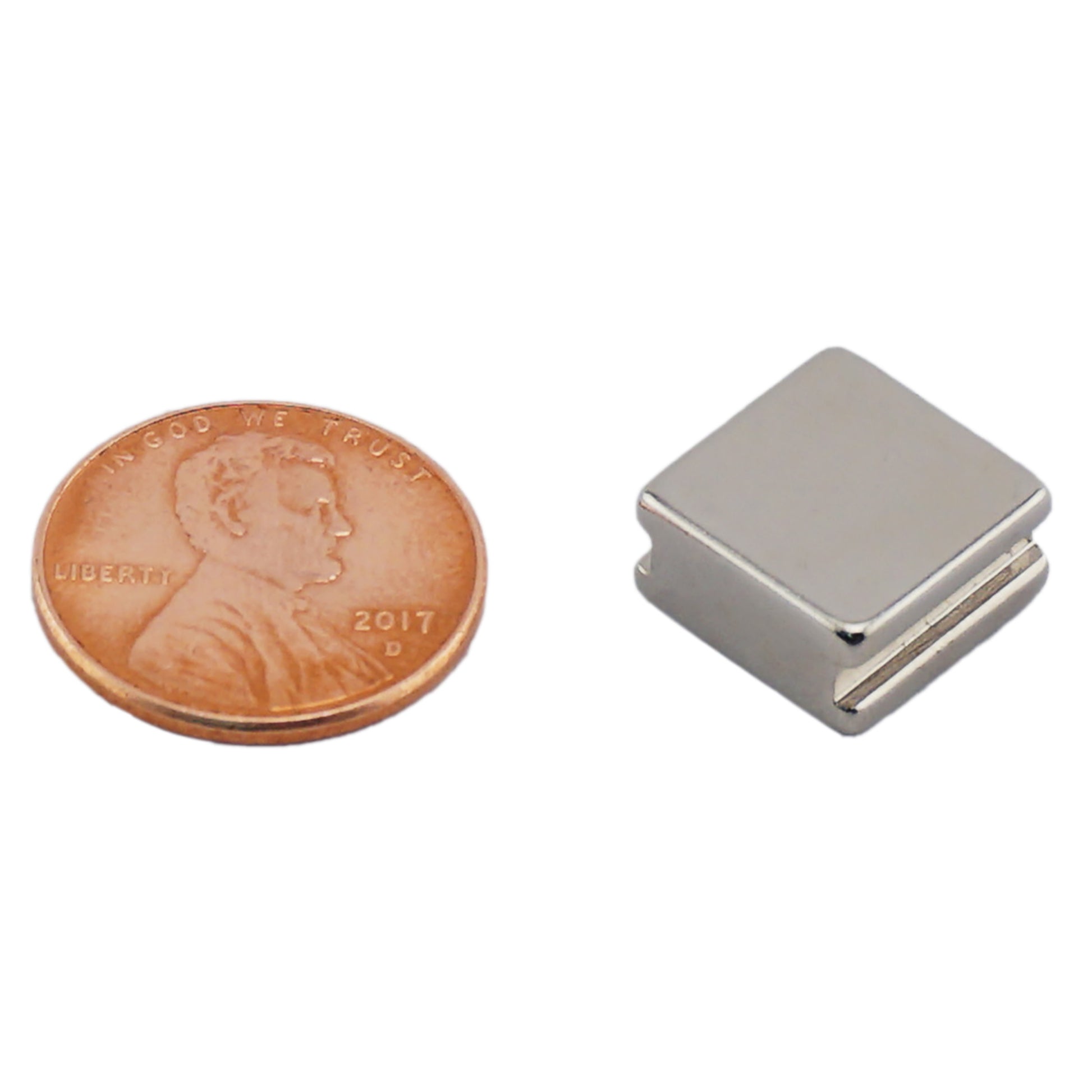 Load image into Gallery viewer, NBGI002501N Neodymium Block Magnet with groove - Compared to Penny for Size Reference