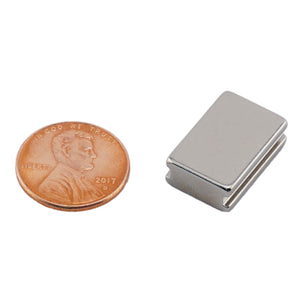 NBGI002502N Neodymium Block Magnet with groove - Compared to Penny for Size Reference