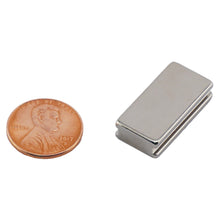 Load image into Gallery viewer, NBGI002503N Neodymium Block Magnet with groove - Compared to Penny for Size Reference