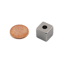Load image into Gallery viewer, NB005057NS01 Neodymium Block Magnet with hole - Compared to Penny for Size Reference