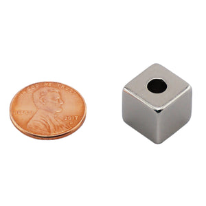 NB005057NS02 Neodymium Block Magnet with hole - Compared to Penny for Size Reference