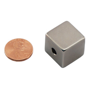 NB007502NS01 Neodymium Block Magnet with hole - Compared to Penny for Size Reference