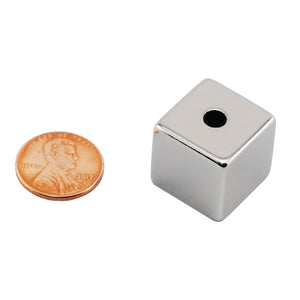 NB007502NS02 Neodymium Block Magnet with hole - Compared to Penny for Size Reference