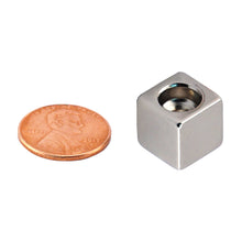 Load image into Gallery viewer, NB005051NCTB Neodymium Counterbore Block Magnet - Compared to Penny for Size Reference