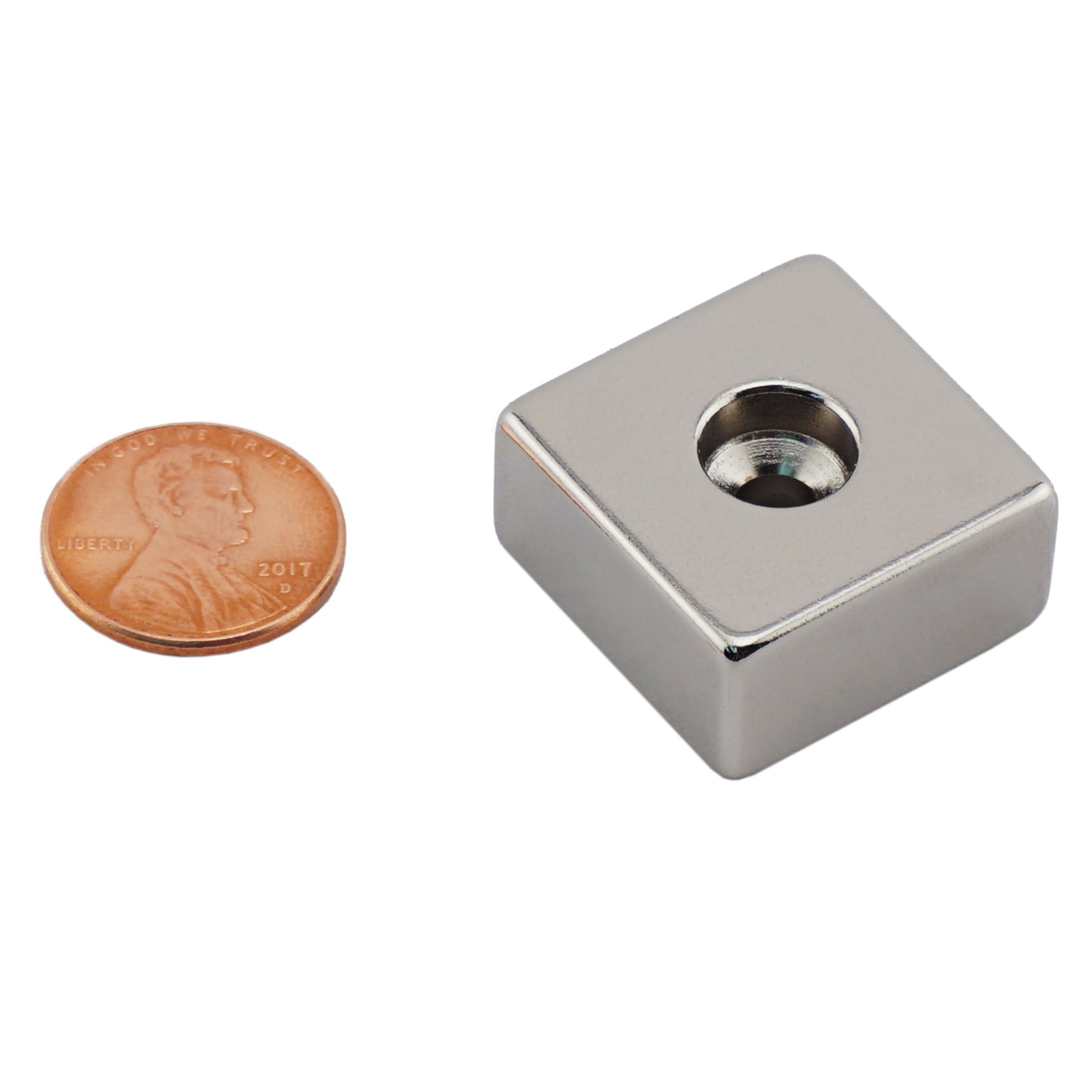 Load image into Gallery viewer, NB005052NCTB Neodymium Counterbore Block Magnet - Compared to Penny for Size Reference