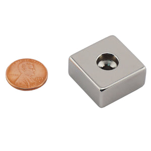NB005052NCTB Neodymium Counterbore Block Magnet - Compared to Penny for Size Reference