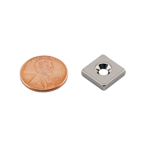 NB001218NCTS Neodymium Countersunk Block Magnet - Compared to Penny for Size Reference