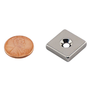 NB001816NCTS Neodymium Countersunk Block Magnet - Compared to Penny for Size Reference