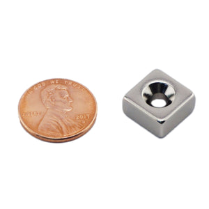 NB002552NCTS Neodymium Countersunk Block Magnet - Compared to Penny for Size Reference