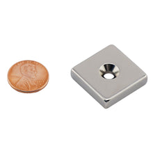 Load image into Gallery viewer, NB002554NCTS Neodymium Countersunk Block Magnet - Compared to Penny for Size Reference