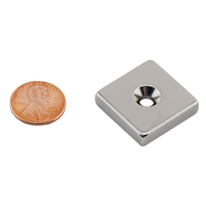 NB002554NCTS Neodymium Countersunk Block Magnet - Compared to Penny for Size Reference