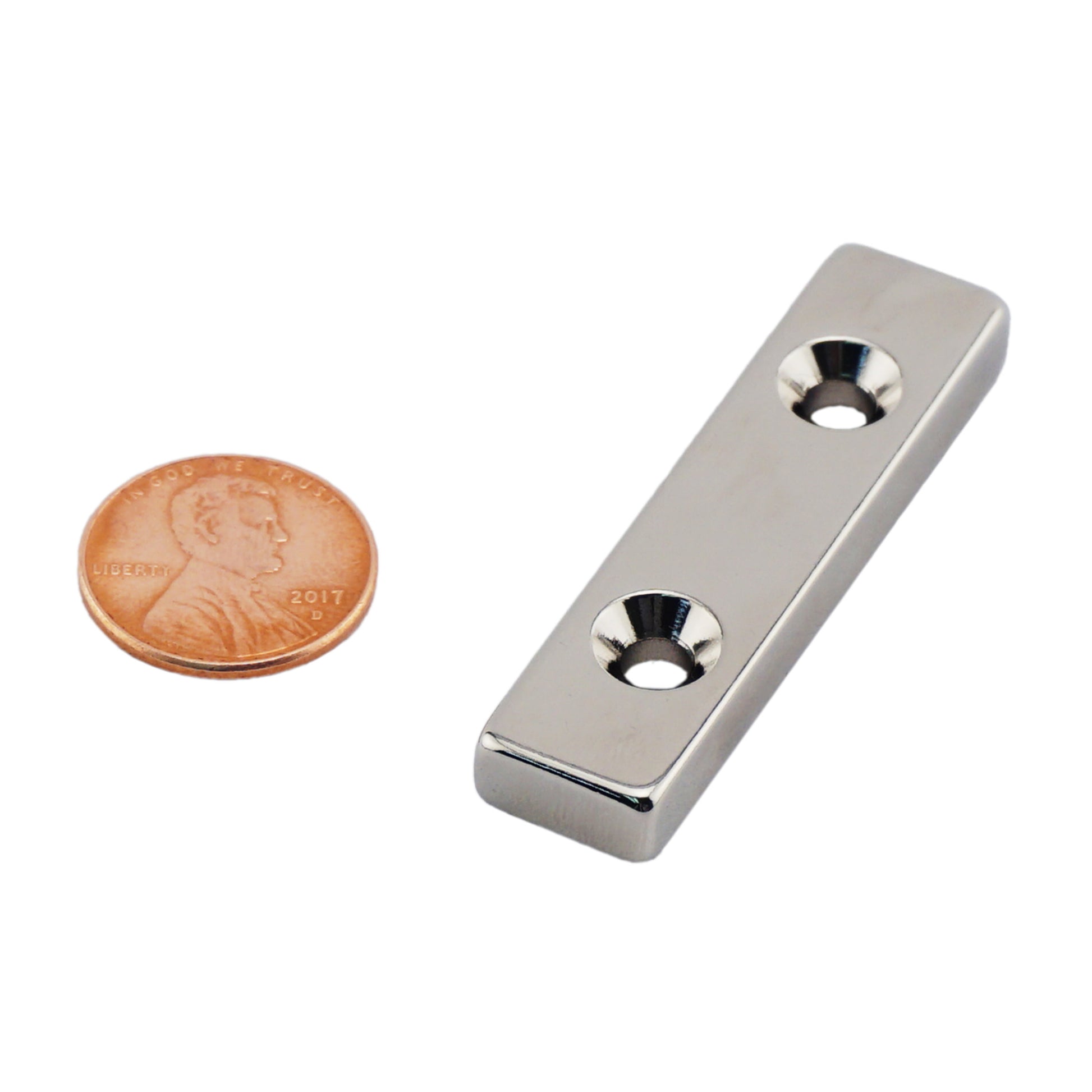 Load image into Gallery viewer, NB002555NCTSX2 Neodymium Countersunk Block Magnet - Compared to Penny for Size Reference