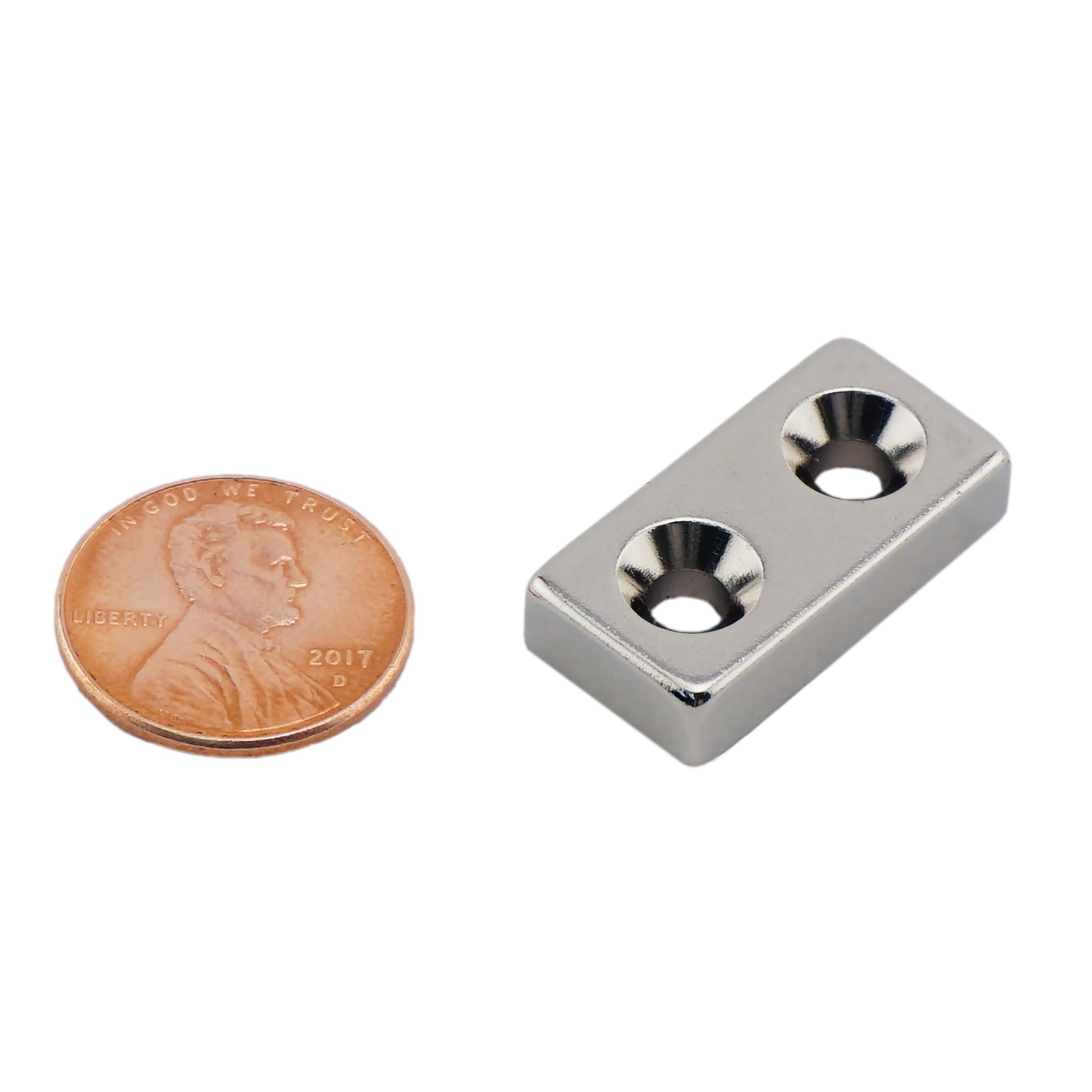 Load image into Gallery viewer, NB002556NCTSX2 Neodymium Countersunk Block Magnet - Compared to Penny for Size Reference