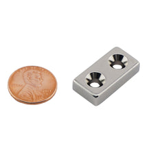 Load image into Gallery viewer, NB002556NCTSX2 Neodymium Countersunk Block Magnet - Compared to Penny for Size Reference