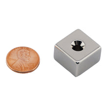 Load image into Gallery viewer, NB005053NCTS Neodymium Countersunk Block Magnet - Compared to Penny for Size Reference