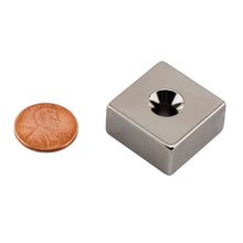 Load image into Gallery viewer, NB005054NCTS Neodymium Countersunk Block Magnet - Compared to Penny for Size Reference