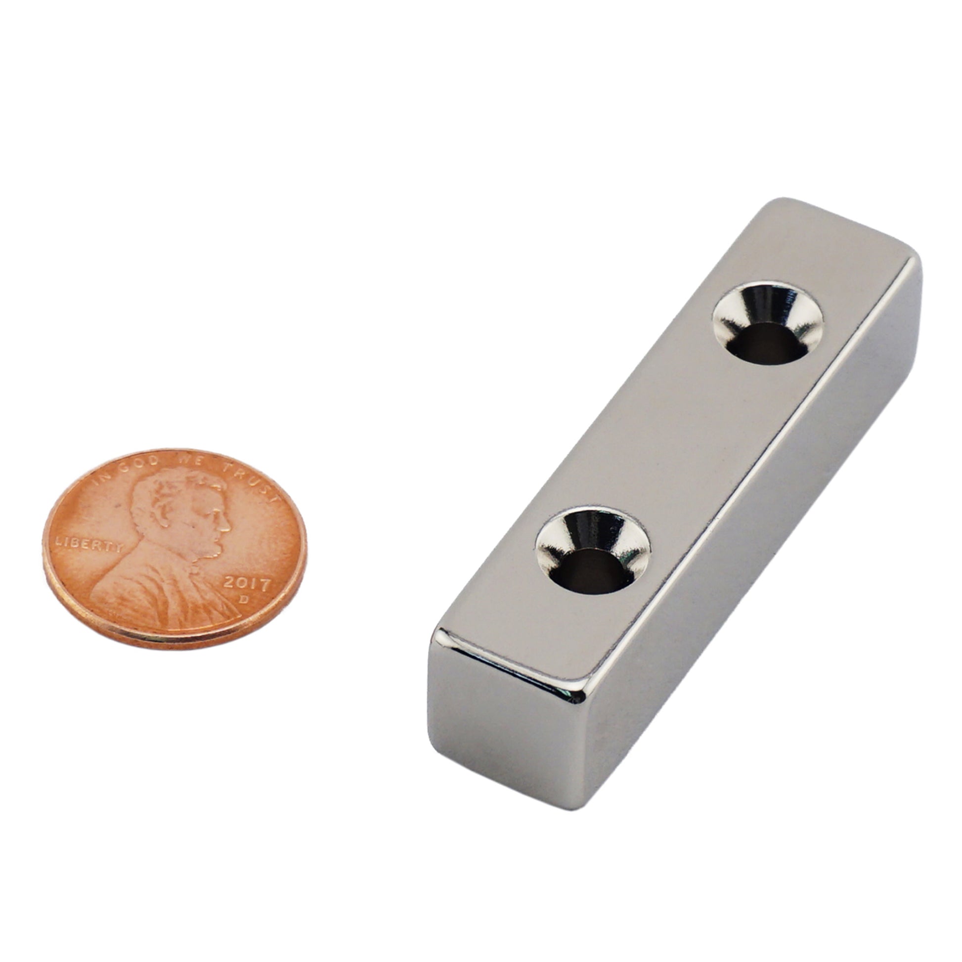 Load image into Gallery viewer, NB005055NCTSX2 Neodymium Countersunk Block Magnet - Compared to Penny for Size Reference